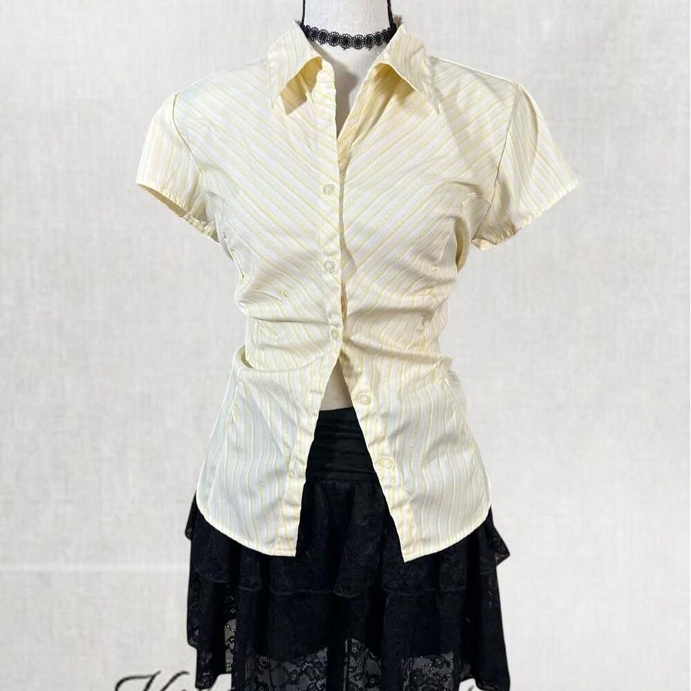Y2K Babydoll Office Striped Yellow Collared Button Up Top